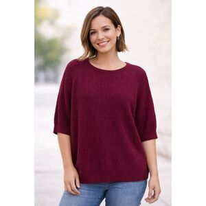 Chico’s Women’s Size 1 Burgundy Wine Short Sleeve Heavyweight Knit Sweater #O